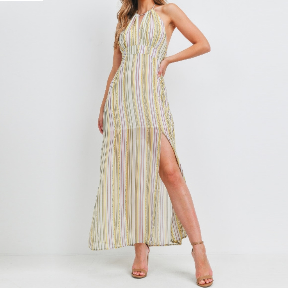 Striped Side Split Sleeveless Print Maxi Dress